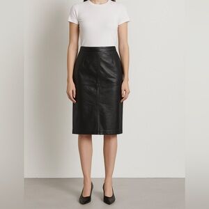 Vintage Black Leather Pencil Skirt Women’s 9/10 Knee Length Lined Side Zip